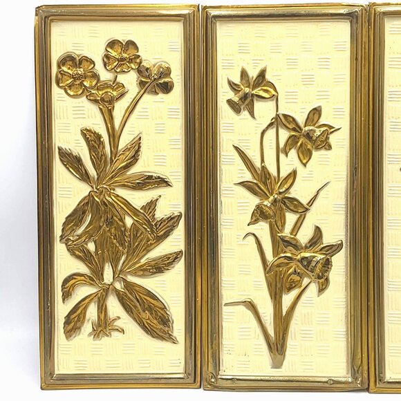 Elpec Brass Plaques-Floral Designs-14.75 In x 6.625 In. x4 Mid Century England - Picture 2 of 16